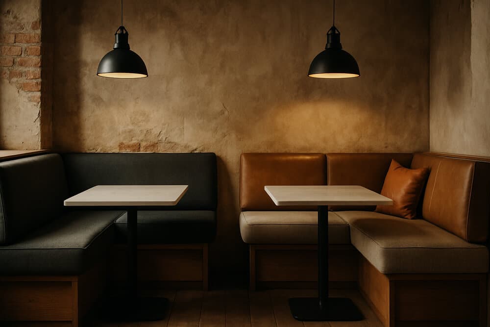 Professionel møbelpolstring af brune læderhynder til restaurantbænke og café-miljøer i Nordsjælland.